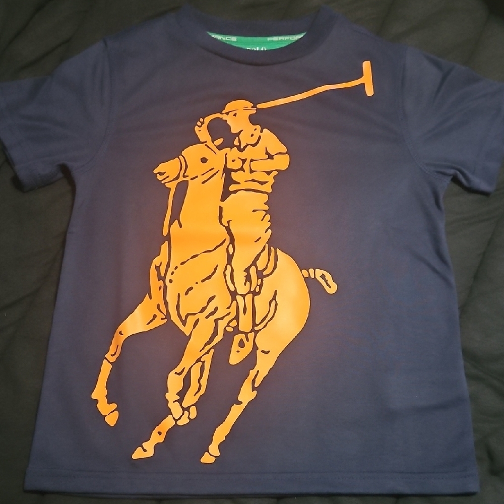 Polo by Ralph Lauren Kids Performance Navy Blue T-Shirt with Orange Graphic